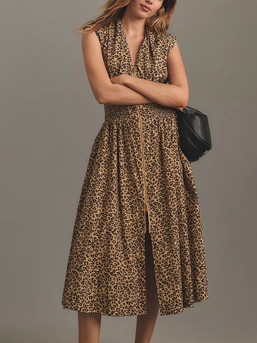Anthropologie the tommie cap sleeve smocked leopard print zip midi dress S